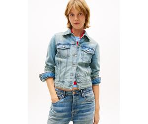 Outdoorjacke TOMMY JEANS "CLASSIC TRUCKER EXT BJ8012", Gr. S (36), denim light, Web, Obermaterial: 100% Baumwolle, unifarben, figurbetont kurz, V-Ausschnitt, Jacken Outdoorjacke, mit dezentem Logo (61