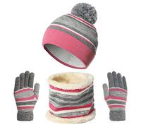 outfit spring Kinder Wintermütze Schal Handschuhe 3PC Set, Warme Winter Bommel Strickmütze Beanie Weich Dicke Fleece Futter Loopschal Kinderhandschuh Set für Mädchen Jungen Kind