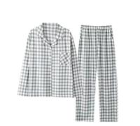 OutFyt Baumwoll Pyjama Set Für Damen, Mit Knöpfen, Kariert, 2 Teilig, Nachtwäsche, Strickjacke, Langarm Oberteile, Lange Hosen, Lässige Pyjamas, Loungewear Sets, Herbst Und Winter, Grau, M