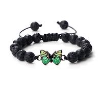 OutFyt Bergkristall Armband, 8 Mm Natürlicher Schwarzer Lavastein-Armreif, Grüner Schmetterlings-Charm, Handgefertigte Webarmbänder, Chakren-Edelstein-Armband, Verstellbares Seil-Armband Für Damen