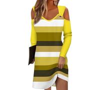 Outlet Angebote Elegante Kleider Damen Abschlussballkleid Kleid a Linie Gestreiftes V-Ausschnitt Cold Shoulder Lange Ärmel Knielang Kleid Kleider für Frauen ab 50 Jahren Ballkleider (Yellow, 3XL)