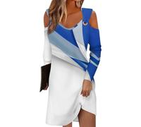 Outlet Angebote Festliche Kleider für Damen Kleider Sommer etuikleid Damen Gestreiftes V-Ausschnitt Cold Shoulder Lange Ärmel Knielang Kleid kostüm Damen Tshirt Kleid (Royal Blue, 3XL)