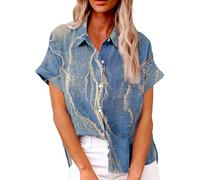 Outlet Angebote, Leinen Shirt Damen Tunika Damen Sommer 3D Drucken Kurzarm Oberteile Button Down Revers Basic Hemdbluse Lässig Tunika Damen Blusen Bluse Hellblau Damen(Blue,XXL)