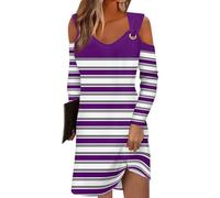 Outlet Angebote Petticoat Kleid Kleid festlich Overall Damen Sommer Gestreiftes V-Ausschnitt Cold Shoulder Lange Ärmel Knielang Kleid Tunika Damen mädchen Kleid (Dark Purple, 3XL)