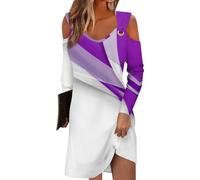 Outlet Angebote weisses Kleid Damen Kleid lang Sommer Kleid mit Schlitz Gestreiftes V-Ausschnitt Cold Shoulder Lange Ärmel Knielang Kleid 20er Jahre kostüm Damen Summer Dress (White, 3XL)