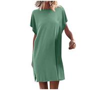 Outlet wickelkleid Summer Dress for Women jerseykleid Damen Sommer Einfarbig Rundhals Fledermaus Ärmel Knielang Freizeit Kleid Sommerkleid Baumwolle enges Kleid (Mint Green, S)