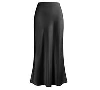 Outoshe Satin-Rock für Damen, Seidenrock mit hoher Taille, Maxirock, A-Linie Rock mit verstecktem elastischem Bund, langer Rock, Z Rückenschlitz Schwarz, L