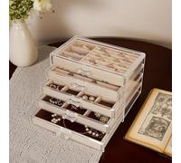 OUUTMEE Acryl Schmuckschatulle durchsichtig mit 5 Schubladen,Schmuckkästchen Samt Schmuckbox für Ringe, Ohrringe, Uhr, Armbänder und Halskette, Beige