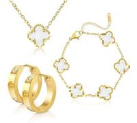 Ouxayapl 18K Vergoldet Kleeblatt Armband, Anhänger Halskette, Gold Armband Cubic Zirkonia Armreif, 3 PCS Schmuck Set für Geschenke Geburtstags (3er-Set Ohrringe)