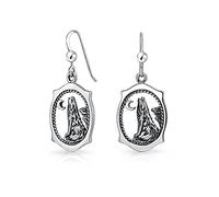 Oval Tier Totem Amulett Wicca Schmuck Halbmond Und Sterne Werwolf Himmlischer Heulender Wolf Baumelnde Ohrringe Für Frauen Teens Oxidiert .925 Sterling Silber Fischhaken