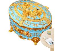 Ovaler Retro-Schmuckkoffer - Vintage-Metall-Aufbewahrungskoffer, antike Schmuckaufbewahrung, Schmuckaufbewahrung mit Deckel für Ohrringe, Halsketten, Armbänder, Ringe, dekorativer Andenken-Organizer