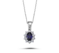 Ovaler Saphir Entourage Halskette Diamanten 14 Karat Weißgold