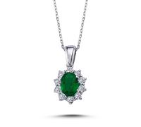 Ovaler Smaragd Entourage Halskette Diamanten 14 Karat Weißgold