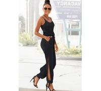 Overall BUFFALO, Damen, Gr. 36, N-Gr, schwarz, Jersey, Obermaterial: 100% Viskose, unifarben, figurumspielend lang, Rundhals, Overalls Overall, mit Schlitzen seitlich am Bein, luftiger Jumpsuit, casua