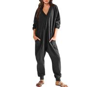 Overall Damen Kuschelig Oversize Jumpsuit Langarm Locker V-Ausschnitt Hausanzug Onesie Pyjama Set Locker Nachthemden Lässig Einteiler Playsuit Strampler Freizeitanzug Leichte Anzug