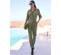 Overall HEINE, Damen, Gr. 36, Normalgrößen, grün (khaki), 90% Polyester, 10% Elasthan, unifarben, lang, Overalls Overall (97357228-36) khaki