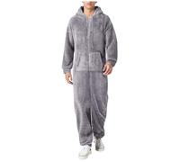 Overall Herren Winter Warm Jumpsuit Grau Flauschig Schlafanzug Teddy Fleece Einteiler Onesie Kuschelig Weich Ganzkörperanzug Lang Einfarbig Hausanzug Mit Kapuze Plüsch Herrenschlafanzug Schwarz L 4XL