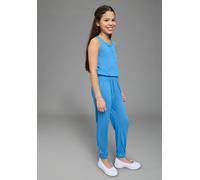 Overall KIDSWORLD "Jumpsuit mit aufwendigen Details", Mädchen, Gr. 140, N-Gr, blau, Jersey, Obermaterial: 100% Viskose. Spitze: 100% Baumwolle, unifarben, weit lang, Rundhals, Overalls Overall, mit Sp