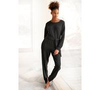 Overall LASCANA, Damen, Gr. 32/34, N-Gr, schwarz, Strick, Obermaterial: 68% Polyester, 30% Viskose, 2% Elasthan, Basic, bequem lang, Rundhals, Langarm Rippstrickbündchen, Overalls Jumpsuit (84866517-3