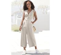 Overall LASCANA, Damen, Gr. 40, N-Gr, beige (sand), Web, Obermaterial: 85% Viskose, 15% Leinen, unifarben, figurumspielend lang, V-Ausschnitt, Overalls Overall, und Taschen, sommerlicher Jumpsuit, cas