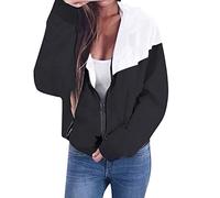 Overdose Damen Sport Casual Dünner Mantel Sweatjacke Kontrastfarben Langarm Reißverschluss Kapuzenjacke Collegejacke Outwear mit Tasche Große Größen Schwarz 38