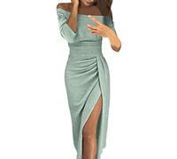 Overdose Frauen Elegance Abendkleid Schlank Partykleid Off-Shoulder Cocktailkleid Paillettenkleid Hoch Split Midi Brautkleid Festliches Kleid Damen Glitzer Bleistiftkleid