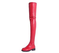 Overknee-Oberschenkelhohe Damenstiefel, modisch, lässig, Leder, runde Zehenpartie, klobiger niedriger Absatz, Lange Stiefel, Stretch, warme Herbststiefel, Winterkleid, hohe,Rot,42