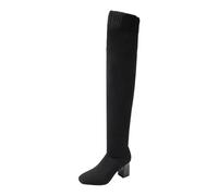 Overknees Stiefel Damen Boots Schnürstiefel Kniehoch Frauen Langschaft Blockabsatz Elastisch Weiter Schwarz Warme Winter Langestiefel Zurück Spitze Oberschenkel Hohe Stiefel (Black, 37)