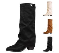 Overknees Stiefel Damen Fold Over Shark Boot Einfarbig Kniehohe Stiefel mit Absatz Blockabsatz Übergangsstiefel Dressy Kniestiefel Mittelalter Schuhe Retro Damenstiefel für Herbst Winter Alltag Casual