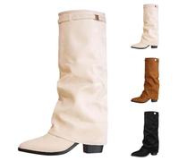 Overknees Stiefel Damen Fold Over Shark Boot Einfarbig Kniehohe Stiefel mit Absatz Blockabsatz Übergangsstiefel Dressy Kniestiefel Mittelalter Schuhe Retro Damenstiefel für Herbst Winter Alltag Casual