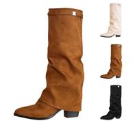 Overknees Stiefel Damen Fold Over Shark Boot Einfarbig Kniehohe Stiefel mit Absatz Blockabsatz Übergangsstiefel Dressy Kniestiefel Mittelalter Schuhe Retro Damenstiefel für Herbst Winter Alltag Casual