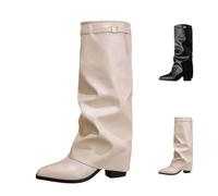 Overknees Stiefel Damen Fold Over Shark Boot Einfarbig Kniehohe Stiefel mit Absatz Blockabsatz Übergangsstiefel Dressy Kniestiefel Mittelalter Schuhe Retro Damenstiefel für Herbst Winter Alltag Casual