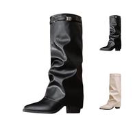 Overknees Stiefel Damen Fold Over Shark Boot Einfarbig Kniehohe Stiefel mit Absatz Blockabsatz Übergangsstiefel Dressy Kniestiefel Mittelalter Schuhe Retro Damenstiefel für Herbst Winter Alltag Casual