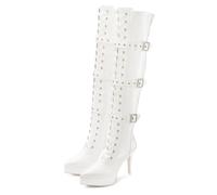Overkneestiefel "High-Heel-Stiefelette mit Plateau", Damen, Gr. 43, weiß, Lacklederimitat, LASCANA BELLE AFFAIRE, glänzend, unifarben, Schuhe Overkneestiefel, erotische Lack-Optik, mit Zierschnallen (