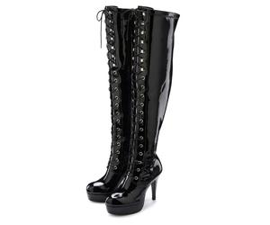 Overkneestiefel "High-Heel-Stiefelette zum Schnüren", Damen, Gr. 45, schwarz, Obermaterial: 100% Lederimitat. Decksohle: 100% Lederimitat. Futter: 100% Textilmaterial. Laufsohle: 100% Synthetik, LASCA
