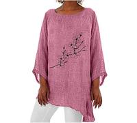 Oversize Baumwoll Leinen Longshirt Damen 3/4 Ärmeln Oberteile Retro Blumen Druck Tshirt Dreiviertelärmel Pullover mit Rundhals Große Größen Langarmshirt All-Match Tunika Bluseshirt Tägliches Hemd
