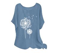 Oversize Baumwoll Leinen Oberteile Lässiges Löwenzahn Muster T-Shirt Sommer Kurzarm Tops Pullover mit Rundhalsausschnitt Lässiges Hemd Lockere Bluse Große Größe Pulli Shirt Blusentops