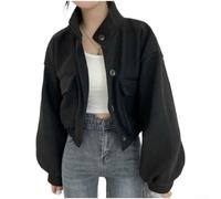 Oversize Blousonjacke Damen Regular Länge M bis XL(Black L) | Loose Fit, langarm, stehkragen, casual stil, frühlings- tragbar