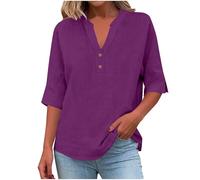 Oversize Bluse Damen Halbarm Casual Leinenbluse Einfarbig Elegant Blusen Baumwolle Leinen Shirts Knöpfen Baggy Oberteile V Ausschnitt Trendy Blusenshirt Sommer Regular Fit Blusentop