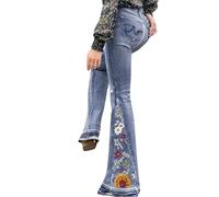 Oversize Damen Jeans - Bell Jeans aus Denim Bootcut Stickerei Blumen für Damen Regenhose Scooter, B, XXXL