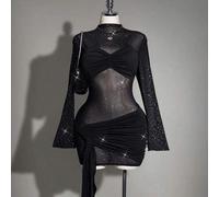 Oversize Damen Mesh Strass Top & Vintage schwarzes transparentes Minikleid mit Kordelzug-Saum, Boho-Stil für Partys