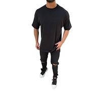 Oversize Herren Kurzarm T-Shirt Weiter Auschnitt Extra Lang Rundhals Dicker Stoff Herrenshirt 2XL Schwarz