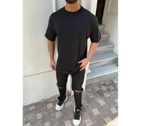 Oversize Herren Kurzarm T-Shirt Weiter Auschnitt Extra Lang Rundhals Dicker Stoff Herrenshirt XL Schwarz