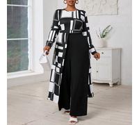 Oversize Jumpsuit mit langem Arm, geometrischem Schwarz-Weiß Muster und asymmetrischem Saum als Herbst Outfit