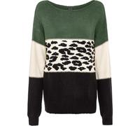 Strickpullover BONPRIX "Oversize-Pullover", Damen, Gr. 44/46 (L), schwarz (schwarz, hellgrün, creme leo bedruckt), Strick, Obermaterial: 75% Polyacryl, 22% Polyester, 3% Elasthan, gemustert, oversize