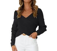 Oversize Pullover Damen eihnachten Frauen Casual V-Ausschnitt Langarm Pullover Wrap Vorne Schulterfrei Asymmetrischem Saum Strick Crop Solid Pullover Hoodie Beige (Black, One Size)