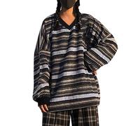 Oversize Pullover Damen Gestreifter - Strickpullover Damen Y2K Vintage- Pulli Damen Langarm Gestreift Farbblock Locker Gestricktes Top Sweatshirt Strickpulli Longpullover für Frauen Herbst Winter