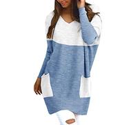 Oversize Pullover Damen Lang, Sweatshirt Damen Stricktop,Langarmshirt Damen Longpullover mit Taschen Farbblock Langarm T Shirt V Ausschnitt Locker Tunika Frauen Top Lange Oberteile für Leggings