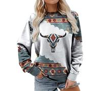 Oversize Pullover Damen ,Western Ethno Stil Sweatshirt Oversized Ohne Kapuze Rundhals Digital Drucken T Shirt Langarm Sportshirt Lockere Lässiges Langarmshirts für Frauen Oberteile Tunika Top Bluse