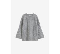 Strickpullover BONPRIX "Oversize-Pullover mit Zopfmuster", Damen, Gr. 48/50 (XL), grau (grau meliert), Strick, Obermaterial: 97% Polyester, 3% Wolle, meliert, oversize normal, Rundhals, Trompetenärmel